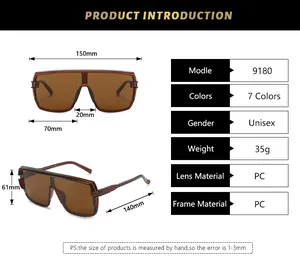 Size chart for oversized square sunglasses detailing dimensions and PC frame material