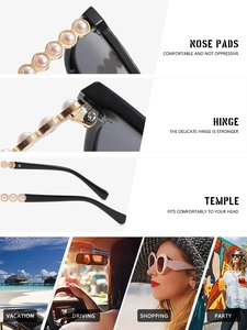 Detail of square sunglasses with pearl temples, metal hinges and comfy nose pads
