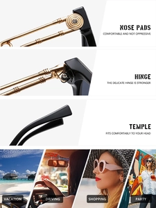 Detail view of square sunglasses showing nose pads, sturdy hinges, and gold metal temples