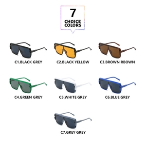 Seven stylish square oversized sunglasses in various colors displayed in a grid
