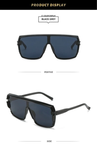 Front and side view of trendy black square oversized shield sunglasses with grey lenses