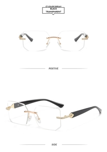 Vue détaillée de face et de côté de lunettes Y2K sans monture avec accents de diamant