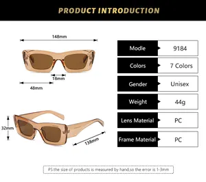 Detailed size chart and specifications for square cat-eye PC sunglasses model 9184