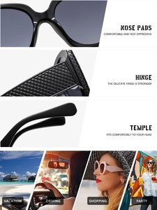 Detailed views of comfort nose pads, durable hinges and ergonomic sunglasses temples
