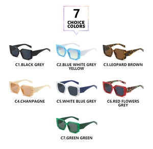 Matrix display of square frame sunglasses showing seven vibrant color and pattern options