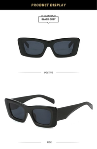 Front and side views of stylish black square frame sunglasses with grey lenses