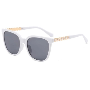 Stylish white square frame cat eye sunglasses with gold temples and pearl accents