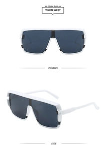 Detailed front and side view of oversized white square frame sunglasses with grey lenses