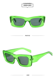 Front and side views of trendy rectangular green cat-eye sunglasses with gray lenses