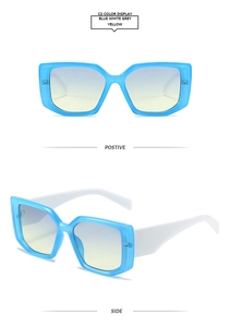 Front and side view of square candy-colored sunglasses with blue frames and white legs