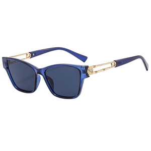 Fashion square cat-eye sunglasses with blue resin frames and golden metal temples