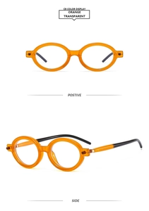 Vue détaillée des lunettes de soleil ovales orange transparent avec monture vintage étroite