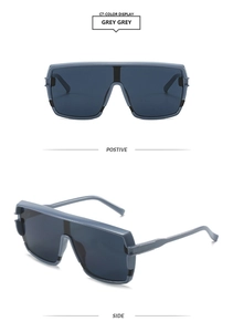 Front and side view of grey shield sunglasses with a large frame and futuristic design