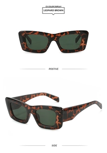 Detailed views of leopard brown square frame sunglasses with dark green lenses