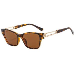 Fashion square tortoise shell sunglasses with dark brown lenses and gold hollow metal arms