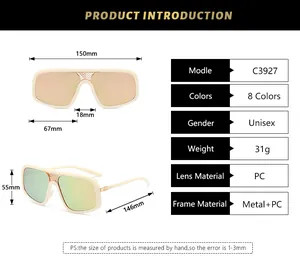 Detaillierte Größentabelle für quadratische Oversize-Sonnenbrillen mit PC-Gläsern