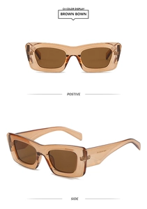 Detail view of square tortoiseshell sunglasses with brown lenses and acetate frame
