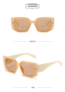 Detail view of champagne square frame sunglasses with thick cream temples and dark lenses