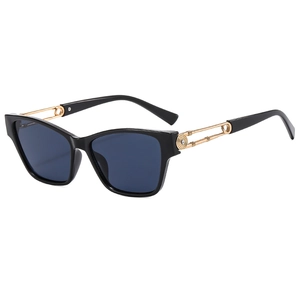 Fashionable black square sunglasses with gold textured metal temples and rhinestone accents