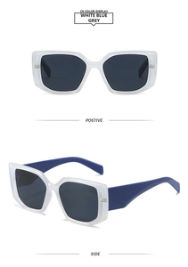 Detailed views of square candy-colored sunglasses with clear white frames and blue temples