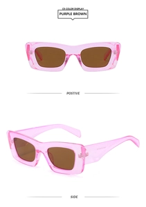 Detail view of square cat-eye sunglasses with purple brown frame and wide temples