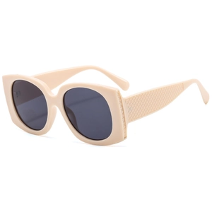 Retro square oversized sunglasses in cream beige with textured lattice pattern temples