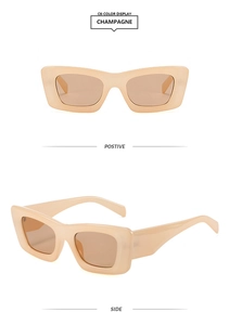 Detailed views of champagne square sunglasses with wide frames from front and side angles