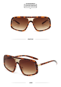 Detaillierte Vorder- und Seitenansicht der quadratischen Oversized-Sonnenbrille in Leopardenbraun