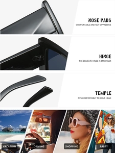 Detail of square sunglasses with thick temples, metal hinges and comfortable nose pads
