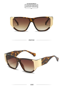 Detailed views of leopard brown square sunglasses with gold metal corner accents