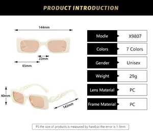 Detailed size chart for retro rectangle sunglasses with precise dimensions and frame specs