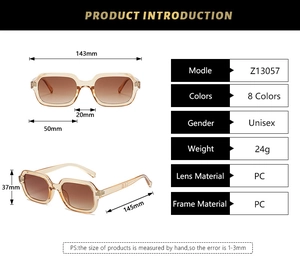 Detailed dimension guide for square frame sunglasses with model Z13057 and weight specs