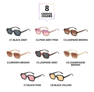 Grid display of square frame sunglasses in 8 different color variants and patterns