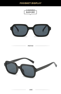 Detailed view of unisex black square sunglasses with grey lenses from front and side