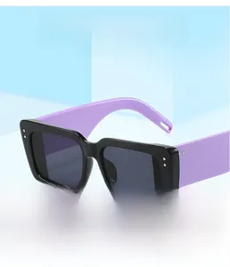 Detail of square sunglasses featuring black frames with vibrant lavender temples