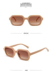 Detail view of square beige frame sunglasses with brown gradient lenses in color C4