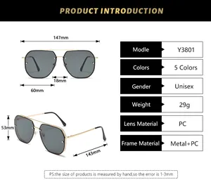 Size chart showing frame dimensions and technical specs for pilot-style sunglasses