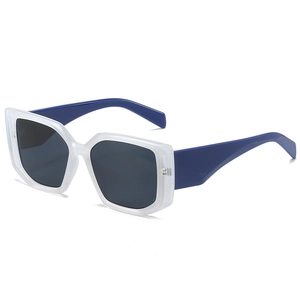 Stylish square oversized sunglasses with transparent frame and wide blue temples