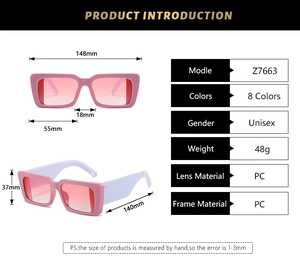 Detailed size specifications for square candy-colored sunglasses with PC frame dimensions