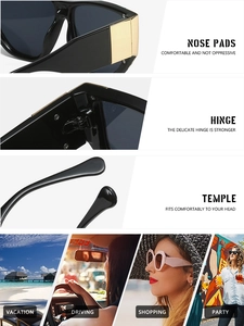 Detail view of square sunglasses with gold accents and four lifestyle usage scenarios