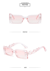 Front and side view of vintage pink square sunglasses with chain temples and gradient lenses