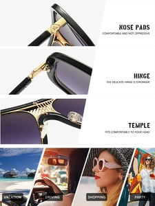 Details der quadratischen Oversized-Sonnenbrille mit goldenen Scharnieren und Nasenpads