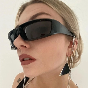 Y2K square wrap-around sports sunglasses with silver triangle earrings and chain detail