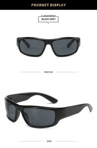 Vorder- und Seitenansicht der eckigen schwarzen Sportsonnenbrille mit grauen Gläsern