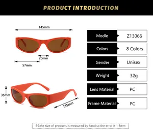Detailed size chart and technical specifications for Y2K style wrap sunglasses