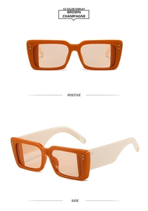 Front and side view of rectangle sunglasses with brown frame and champagne lenses