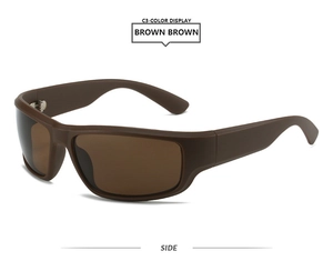 Seitenansicht der mattbraunen quadratischen Sportsonnenbrille mit Rahmen- und Gläserdetails