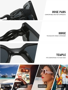 Detail view of stylish square sunglasses featuring unique flame hollow temple design