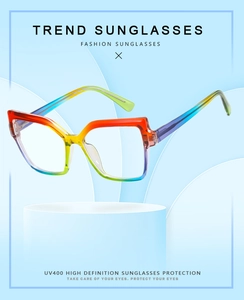 Rainbow gradient square cat-eye glasses frame with UV400 protection and clear lenses