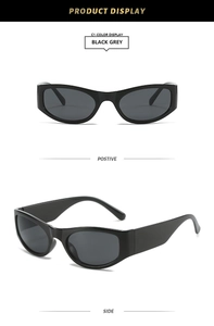 Detailed front and side views of Y2K style black grey oval sunglasses in a modern frame
